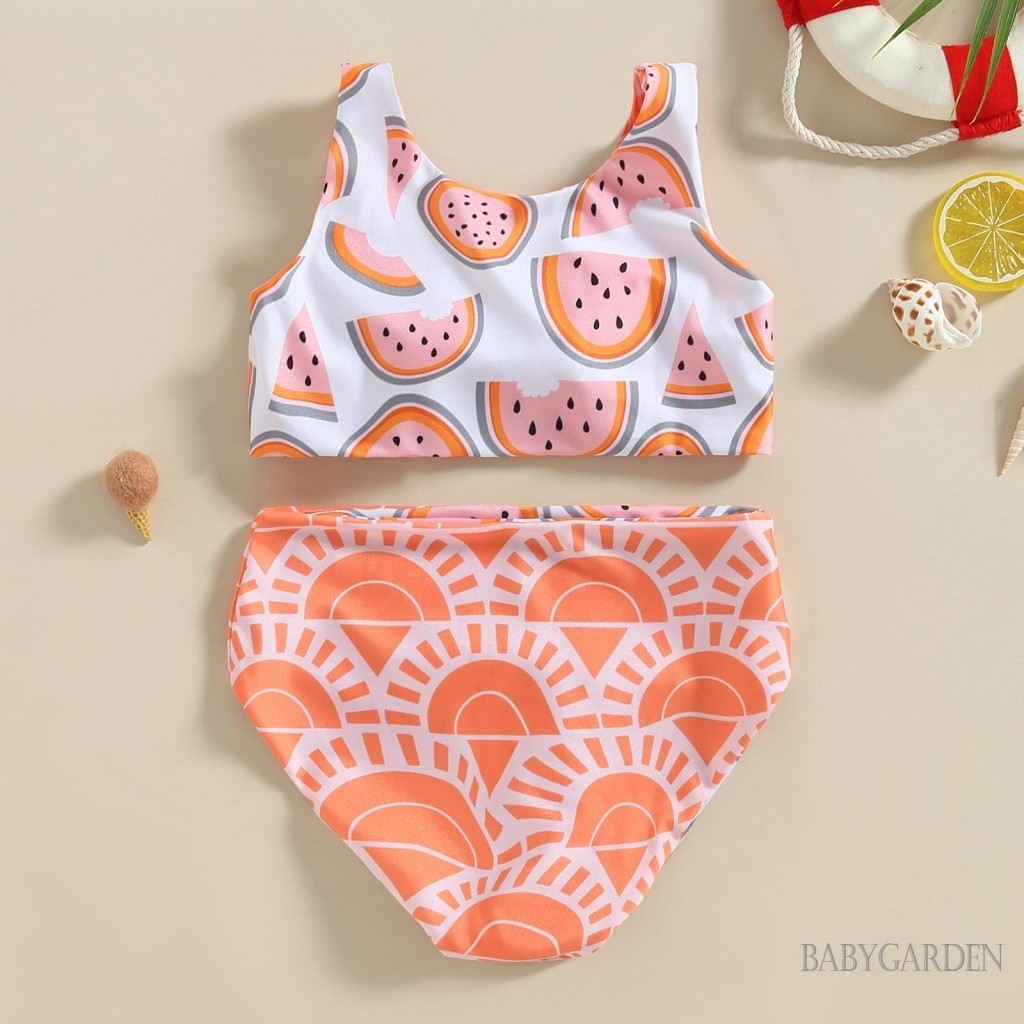 Baga-6 Tháng-4 Tuổi Bé Gái Bikini Bộ Không Tay Cổ Chữ V Dưa Hấu In Áo + Quần Đùi Đồ Bơi Đi Biển Mùa Hè