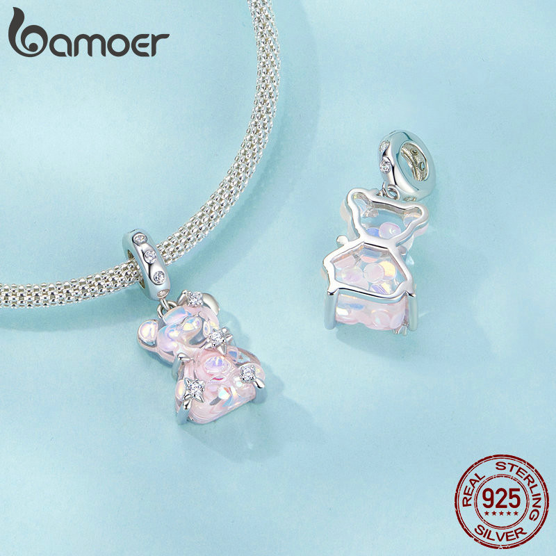 Mặt trang trí BAMOER bằng bạc sterling 925 hình chú gấu làm phụ kiện vòng tay/dây chuyền