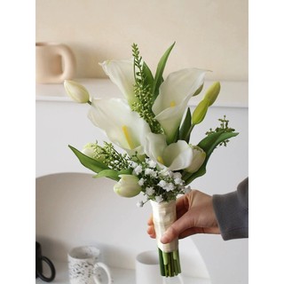 Bó hoa cưới cô dâu, hoa chụp ảnh cưới từ tulip và rum chất liệu cao su T019