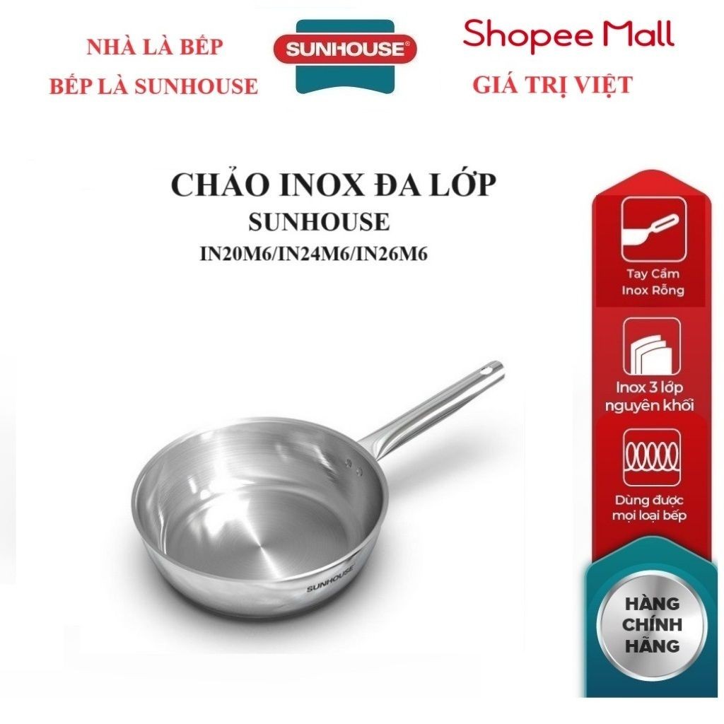 CHẢO INOX ĐA LỚP SUNHOUSE IN16/IN18M6/IN20M6,/N24M6/IN26M6/IN28M6, inox ...