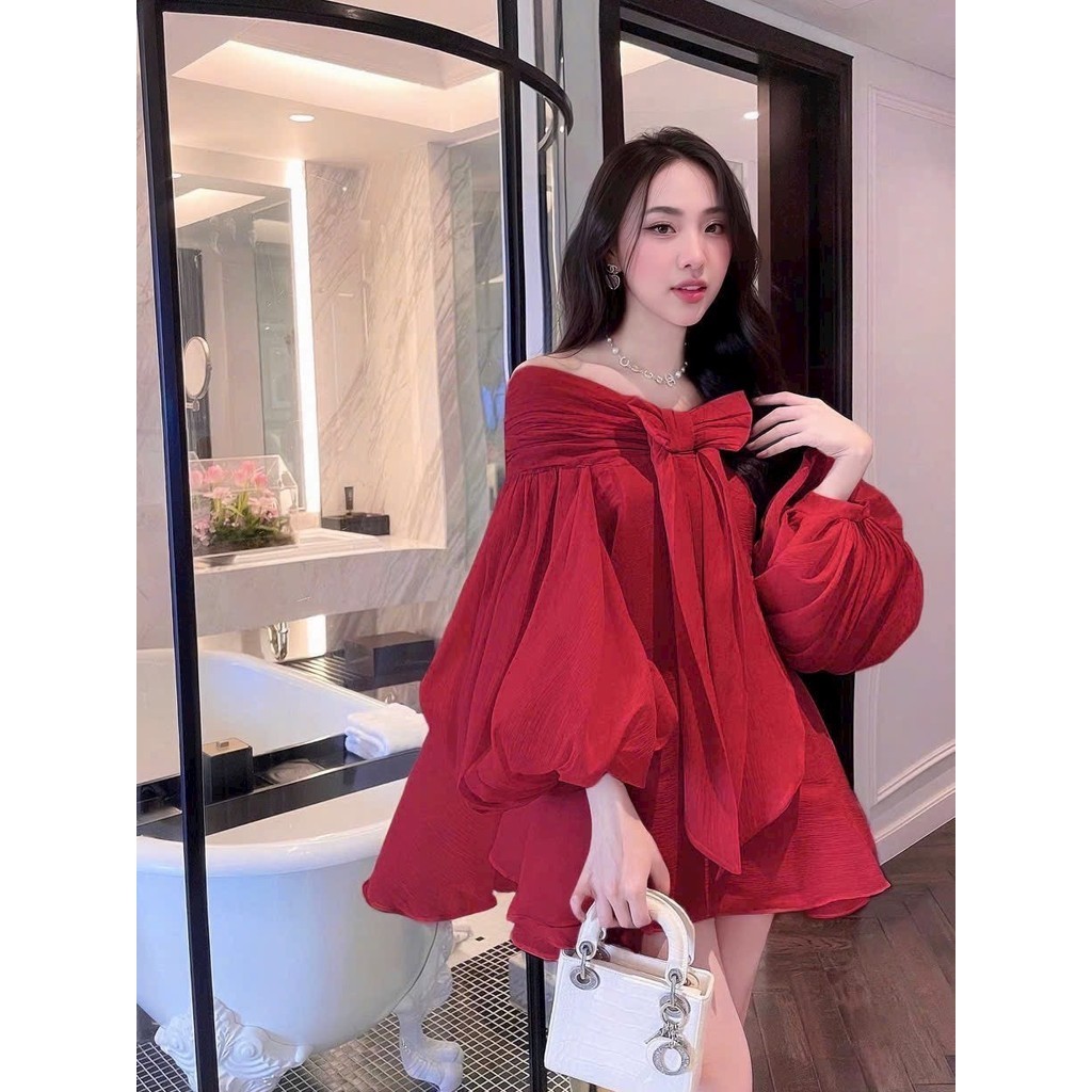 Đầm ngắn nữ kiểu áo dấu quần , áo babydoll trễ vai tay bồng xòe thắt nơ 2 lớp cao cấp chất voan tơ- D03