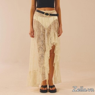 Nữ Ren Dài Váy Vintage Cao Cấp Màu Trơn Bất Đối Xứng Viền Ruffle Midi Flowy Nhìn Xuyên Qua Váy