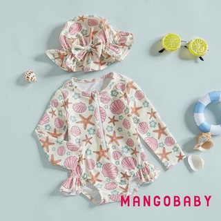 Mg-toddler Girls Rash Guard Đồ bơi có mũ 2 chiếc Bộ vỏ họa tiết sao biển có khóa kéo dài tay cổ tròn cho bé gái Đồ bơi