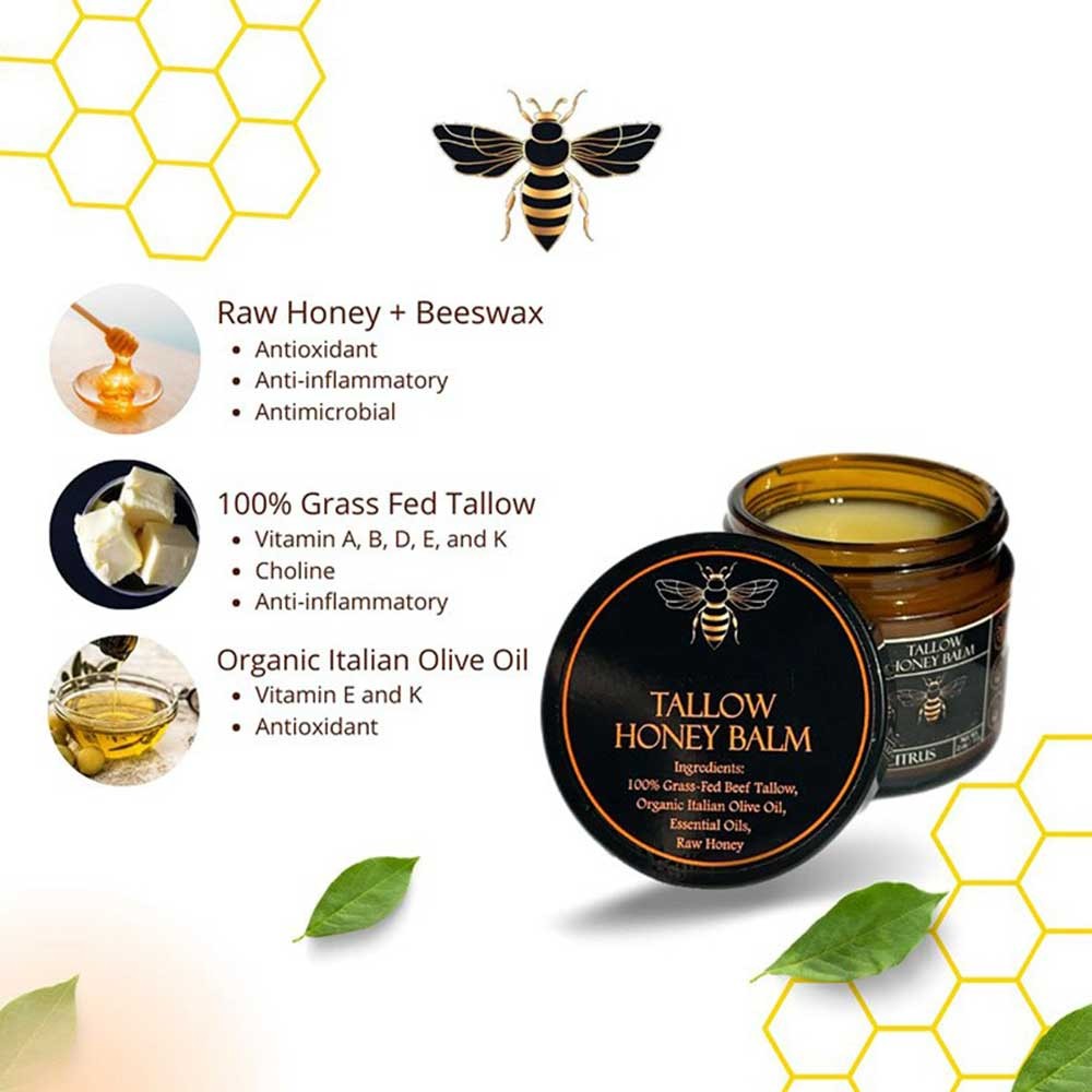 Organic Grass-Fed Beef Tallow Balm with Raw Honey - Moisturizing Cream for Soft