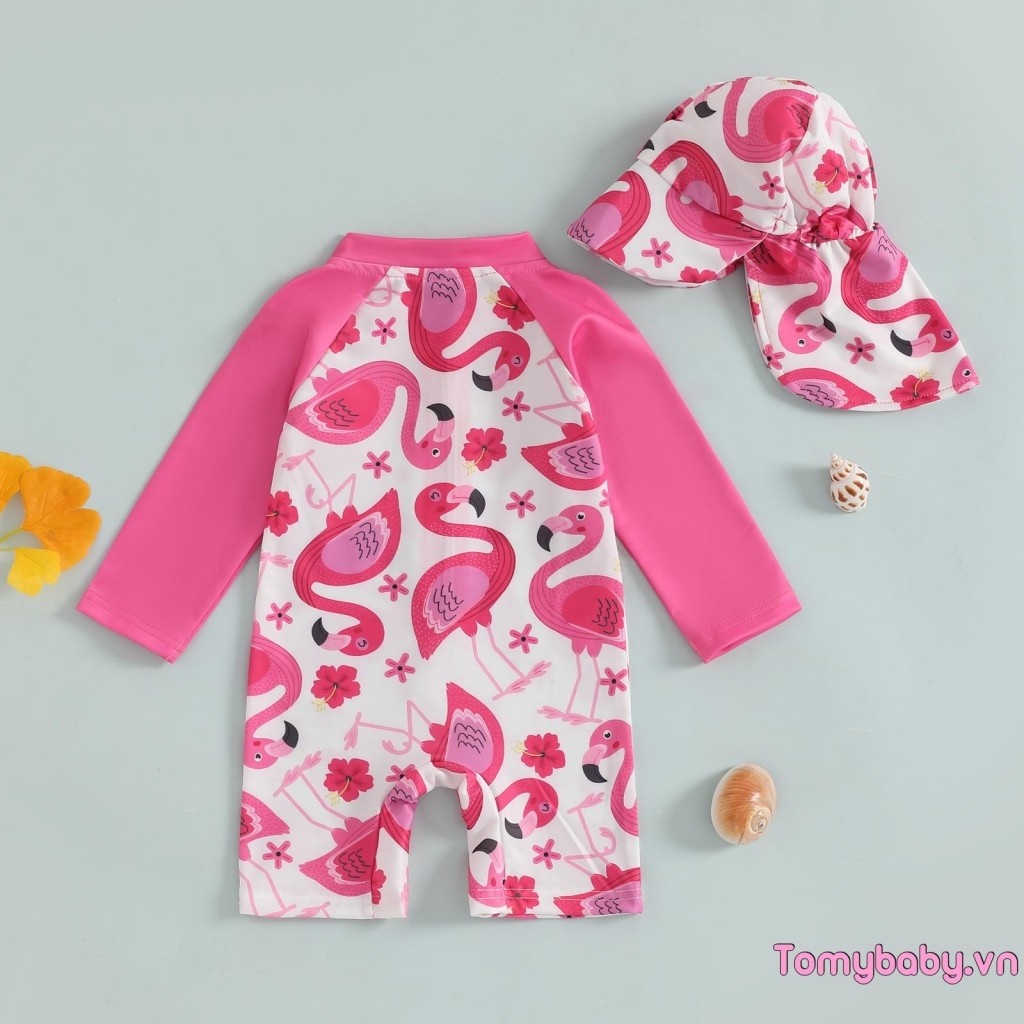 Đồ bơi dài tay cho bé gái Flamingo In nửa dây kéo không đóng cọc Rash Guard Đồ bơi + Bộ Sunhat