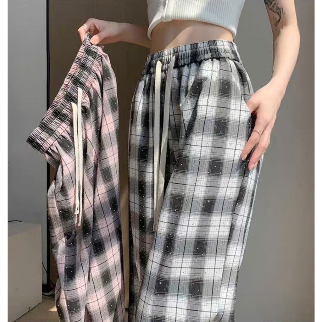 Quần Ống Rộng Kẻ Caro Đính Đá Siêu Hot Chất Vải Thô Mềm Mại Thoáng Mát