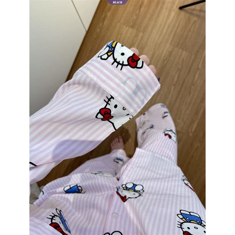 Bộ đồ ngủ sọc Hellokitty màu hồng Nữ Xuân Thu 2025 Quần dài tay mới Bộ đồ mặc nhà cho bé gái xinh đẹp [BL]