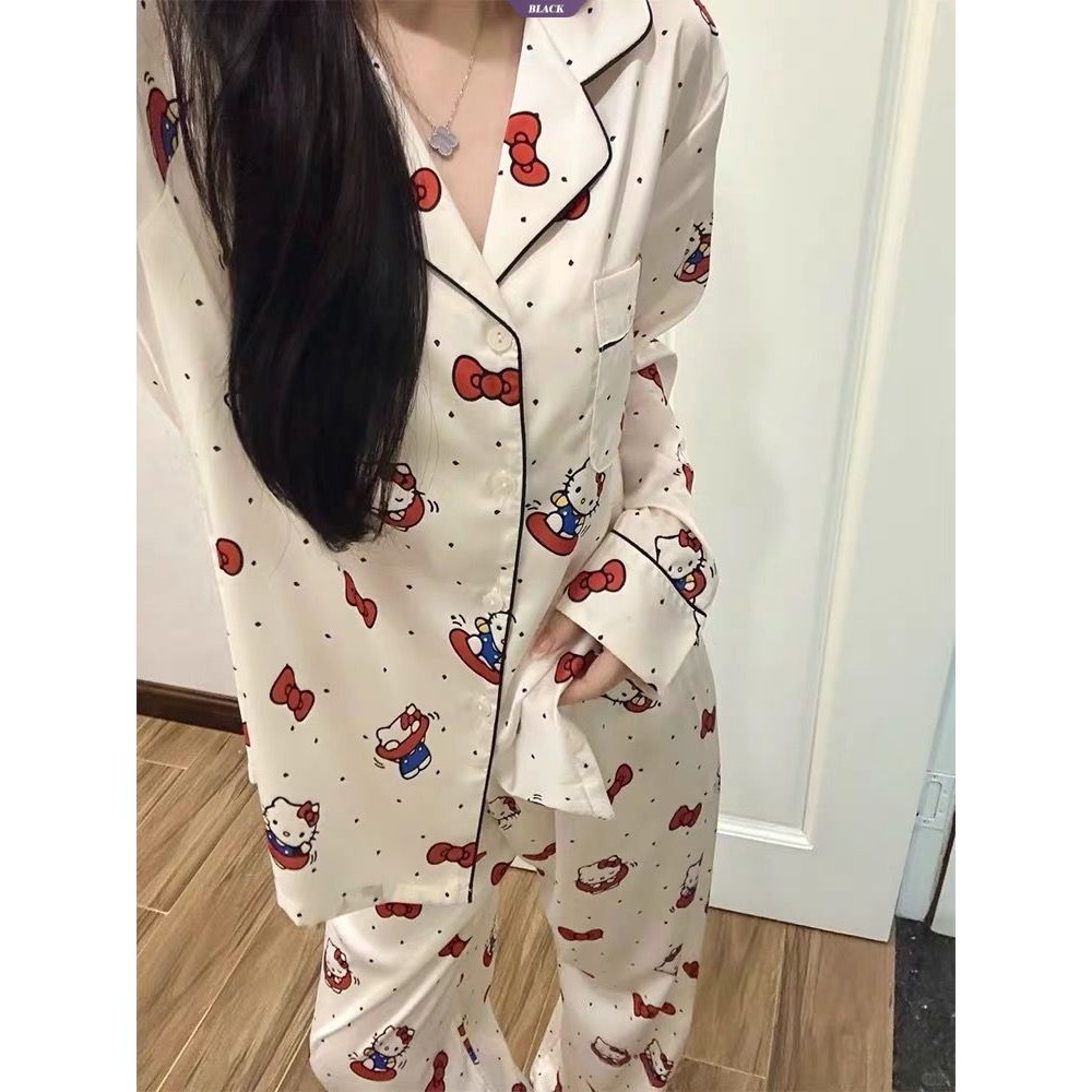 Ins Wind Bow Hello Kitty Bộ Đồ Ngủ Hoạt Hình Nữ Xuân Thu Quần Dài Tay Mới Mặc Ở Nhà [BL]