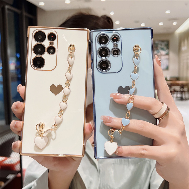 Ốp Lưng Cho Samsung Galaxy S24 S23 UItra S24 Plus S23 S21 S20 FE Mạ Silicon Trái Tim Tình Yêu Bên Hoa Văn Vòng Tay Vỏ Mềm