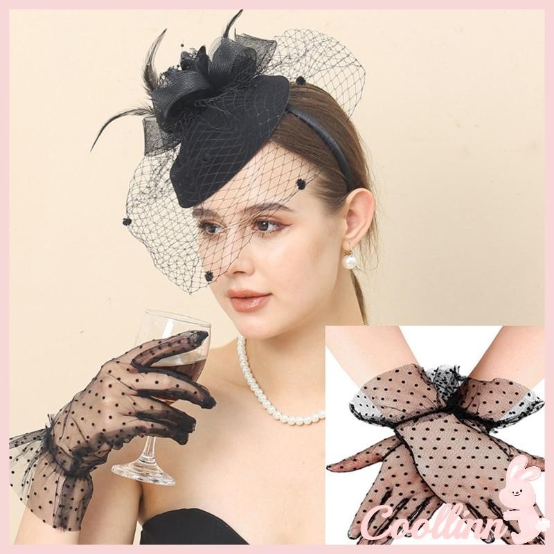 Coo 2 Chiếc Nữ Hoàng Gia Sợi Veil Mũ Cưới Cocktail Tiệc Lưới Găng Tay Nữ Mạng Lưới Lông Mũ Đảng Fedora Cap