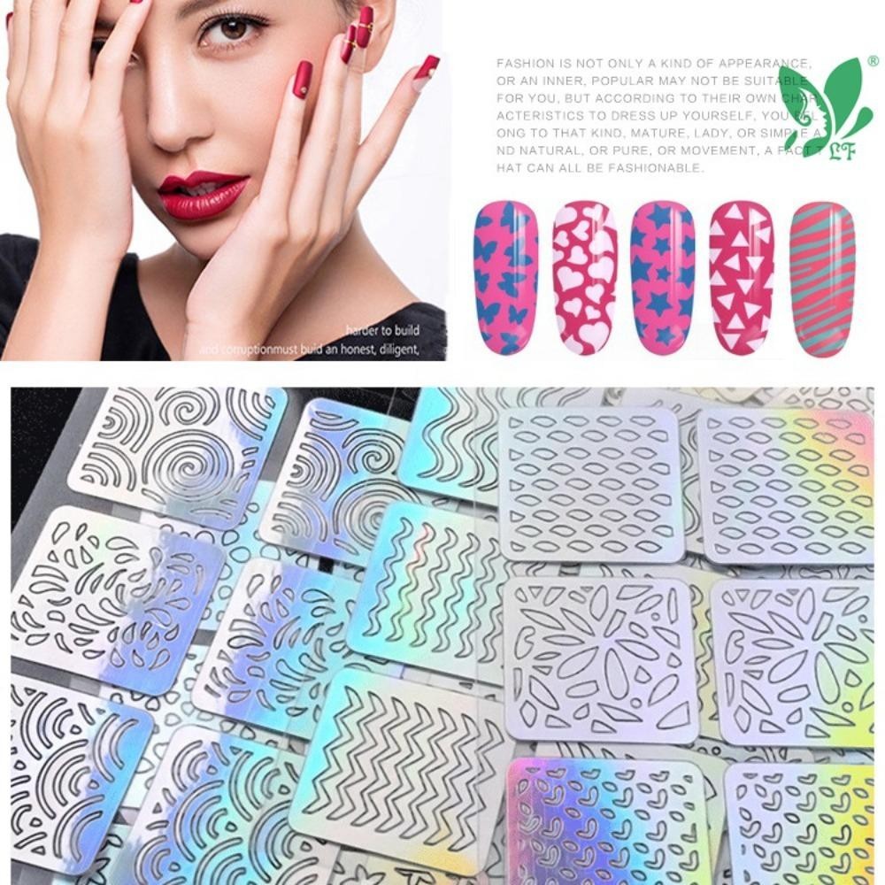 YOKEY 6 / 12 / 24 / 26 Chiếc Móng Tay Nghệ Thuật Stencil, Bộ Miếng Dán Móng Tay Dính Rỗng, Phụ Kiện Móng Tay Thiết Kế Làm Móng Tay Laser Bản Mẫu Tranh Ba Chiều Dụng Cụ Làm Móng Tay