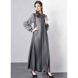 Miyake Xếp Ly 2024 Châu Âu Mỹ Thời Trang Phong Cách Mới Quần Áo Nữ Xếp Ly Dài Nguyên Bản Sang Trọng Dài Tay Xù Cao Cấp Đầm Co Giãn