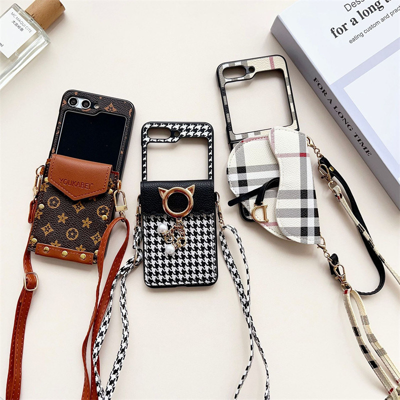 Ốp Ví Đeo Ngang Sang Trọng Samsung Galaxy Z Flip 5 Z Flip 4 Z Flip 3 5G Zflip5 4 3 Dây Dệt Họa Tiết Da PU Bảo Vệ Chống Sốc Samsung Z Flip5 Z Flip 4 3 Điện Thoại