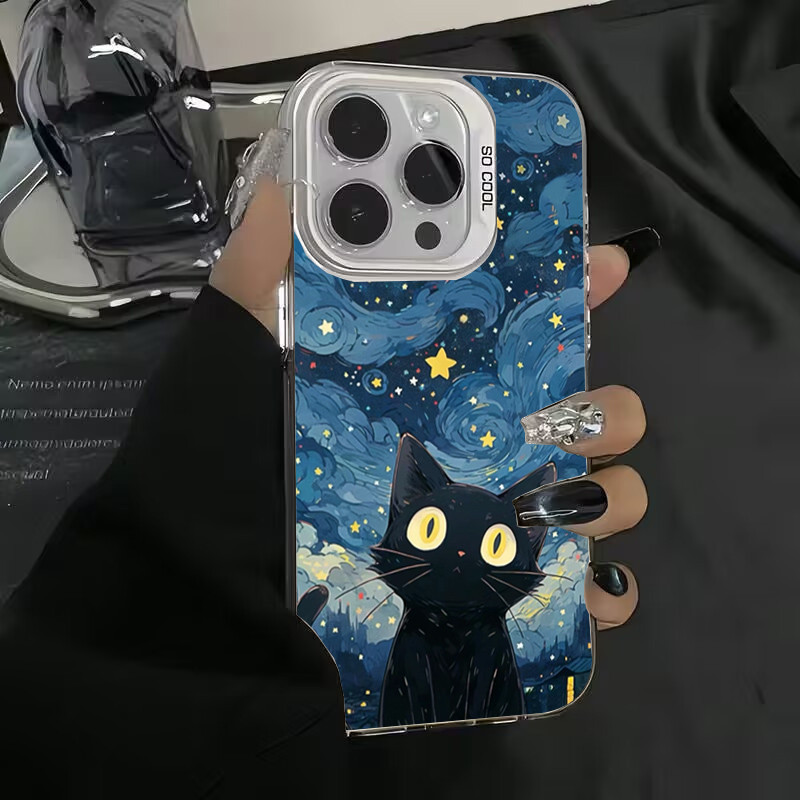 Dành Cho Xiaomi Mi 11 Lite 5G NE 14 13T 13 12T Pro Poco X6 M6 Pro 4G X5 F5 Bầu Trời Đầy Sao Mèo Đen Mạ Điện IMD Vỏ Cứng Mờ Chống Sốc