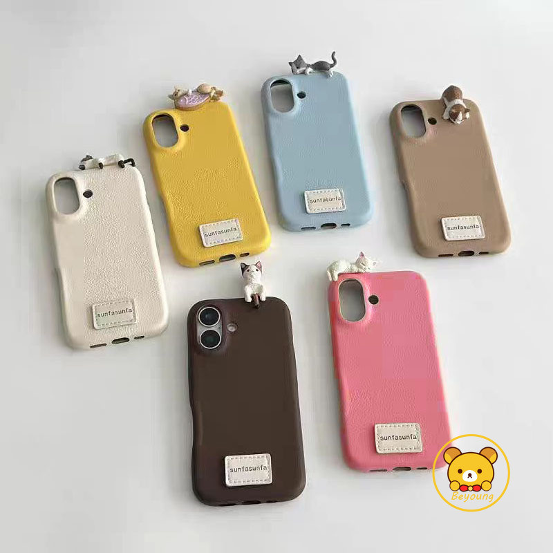 Ốp Điện Thoại Mềm Da Lychee 3D Mèo Dễ Thương Cho Vivo X200 Pro Mini X100 X100s X90 X90s X80 X70 X70T X60 X60T Vỏ Hoạt Hình Cảm Giác Da Mặt Sau Chống Sốc