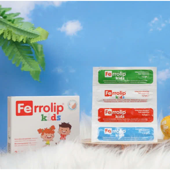 Sắt ferrolip kids sinh học Bổ Sung Sắt Dạng Liposome Vitamin Dễ Hấp Thu Không Tanh Vị Dâu Hộp 20 Gói