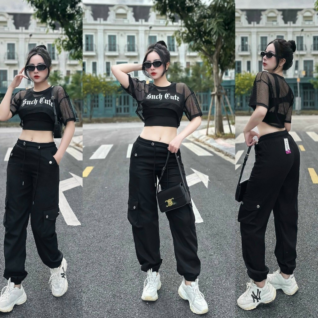 Set 3 chi tiết cộc tay áo lưới + áo bra + quần kaki co giãn thoải mái khi tập thích hợp tập zumba, erobic, shuffer dance