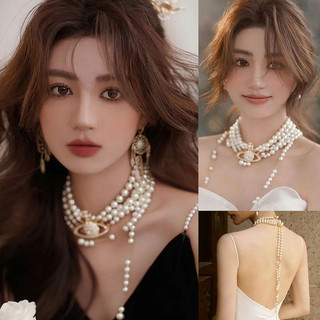1 chiếc vòng cổ ngọc trai dài bất đối xứng từ Châu Âu và Châu Mỹ, niche nữ, cảm giác cao cấp, nhiều phương pháp đeo vòng cổ Sao Thổ