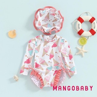 Mg-baby Girl Rash Guard Đồ bơi dài tay in hoa / kem Bộ đồ tắm cho trẻ sơ sinh Đồ bơi có mũ chống nắng