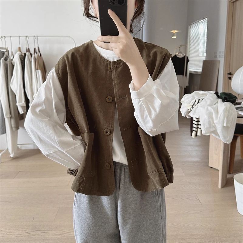 Áo Vest Cổ Tròn Nữ Mùa Xuân Thu Mới Rời Quá Khổ Retro Túi