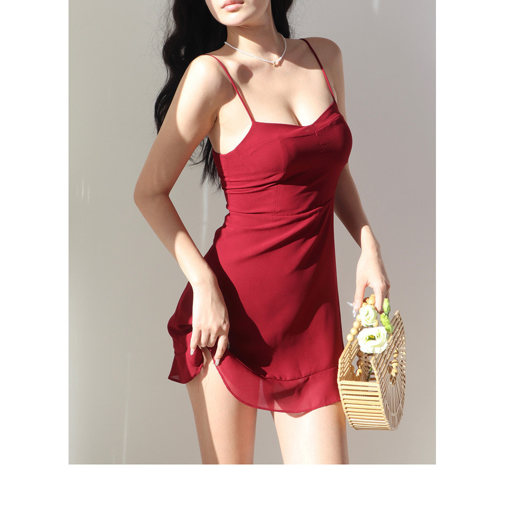 Pháp Retro Đầm Đỏ Ôm Xù Ngắn Dây Đeo Vai, Voan, Chữ A, Gợi Cảm, Mùa Hè Cho Bé Gái