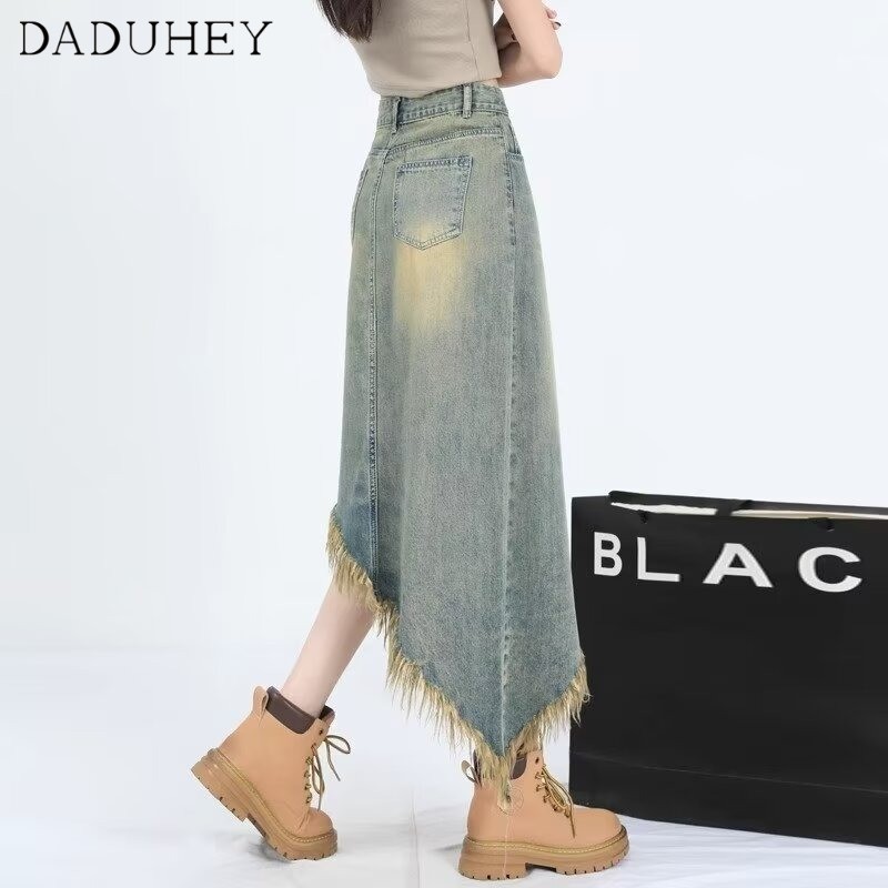 Ảnh DaDuHey New American Ins High Street Retro Denim Skirt Niche High Waist A- Line Skirt plus Size Long Skirt 4