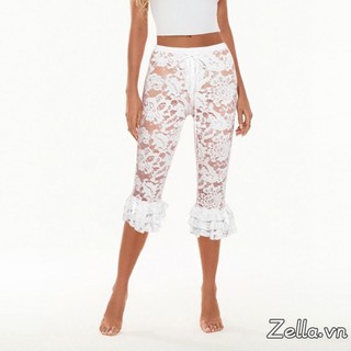 Nữ Capri Quần Ren Nhìn Xuyên Qua Eo Cao Xù Viền Mùa Hè Thường Ngày Co Giãn Crop Legging