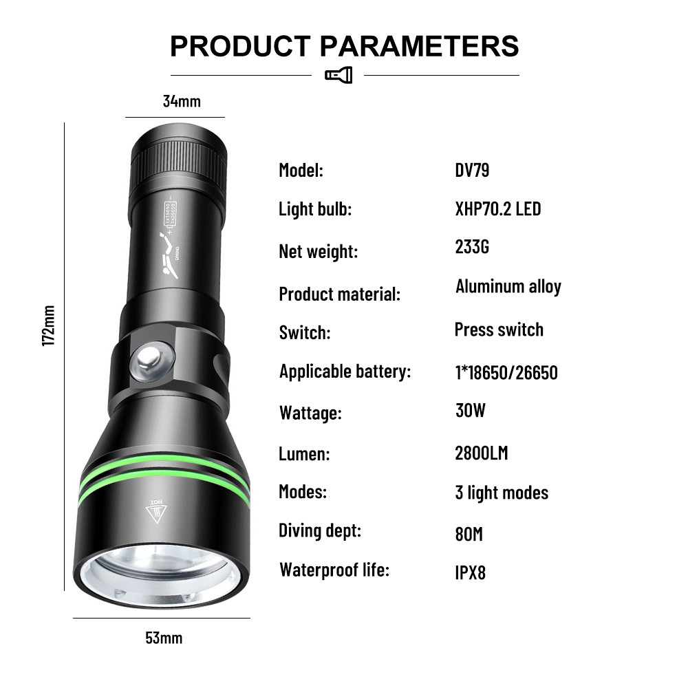 Đèn pin Puteer DV79 chống thấm nước IPX8, màn hình LED thông minh dành cho lặn