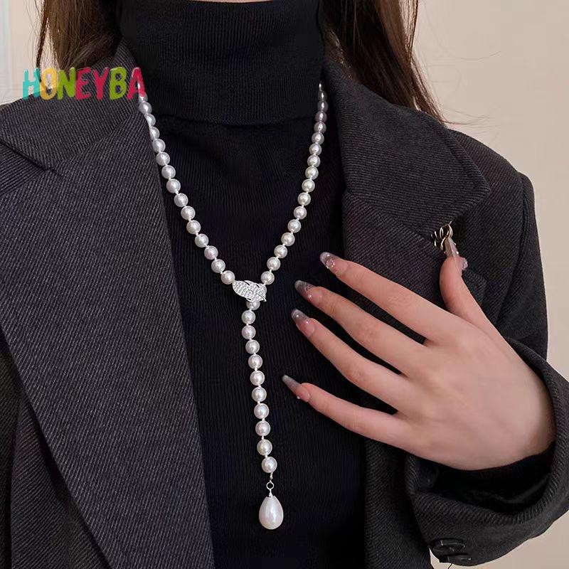 < Honeyba > Thời Trang Nữ Trang Sức Hạt Ngọc Trai Vòng Cổ Áo Len Dài Dây Chuyền Vòng Cổ Cho Nữ Đầm Phụ Kiện Quà Tặng