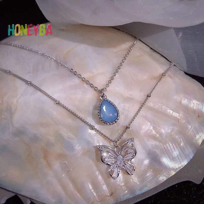 < Honeyba > Vòng cổ vòng cổ mặt trăng ngôi sao phong cách Hàn Quốc Dây chuyền xương đòn hai lớp dành cho nữ Phụ kiện trang sức bé gái