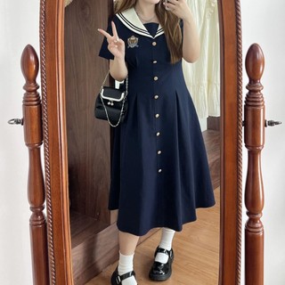M-5XL Đầm Size Lớn Nữ [Chất Liệu Polyester Thoải Mái Thân Thiện Với Da] Thịt Tây Tạng Váy Phong Cách Preppy Giảm Tuổi Váy chữ a Mùa Hè Hơi Béo mm Ôm Hơn Nhìn Bao Bụng Pháp Navy Co