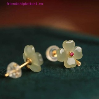 {Fh Fashion} Bông tai đinh tán cỏ bốn lá may mắn cho bé gái Bông tai ngọc Hetian Thiết kế cổ điển Bông tai ngọc bích Quà tặng.