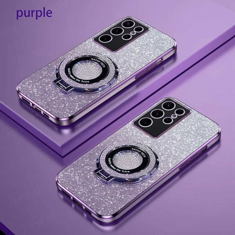 Ốp điện thoại Dành Cho Samsung Galaxy S24 S23 UItra S22 Plus S23 S21 S20 FE Sang Trọng Gradient Lấp Lánh Mạ Đứng Giá Đỡ Mặt Sau Silicon Từ Tính