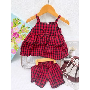 bộ cotton áo 2 dây quần đùi có nơ cho bé gái 6-13kg