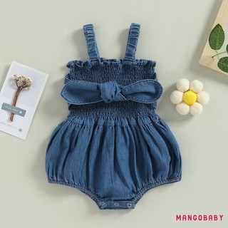 Mg-infant Girls Denim Romper Màu Trơn Nơ Ruched Không Tay Sling Bodysuits Mùa Hè Sơ Sinh Bé Playusits