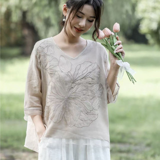 Mùa Hè 2023 Mới Cổ Chữ V Hai Lớp Máy Thêu Cotton Và Vải Lanh Áo Sơ Mi Nữ Khâu Organza Áo Sơ Mi Nhỏ Top Rời