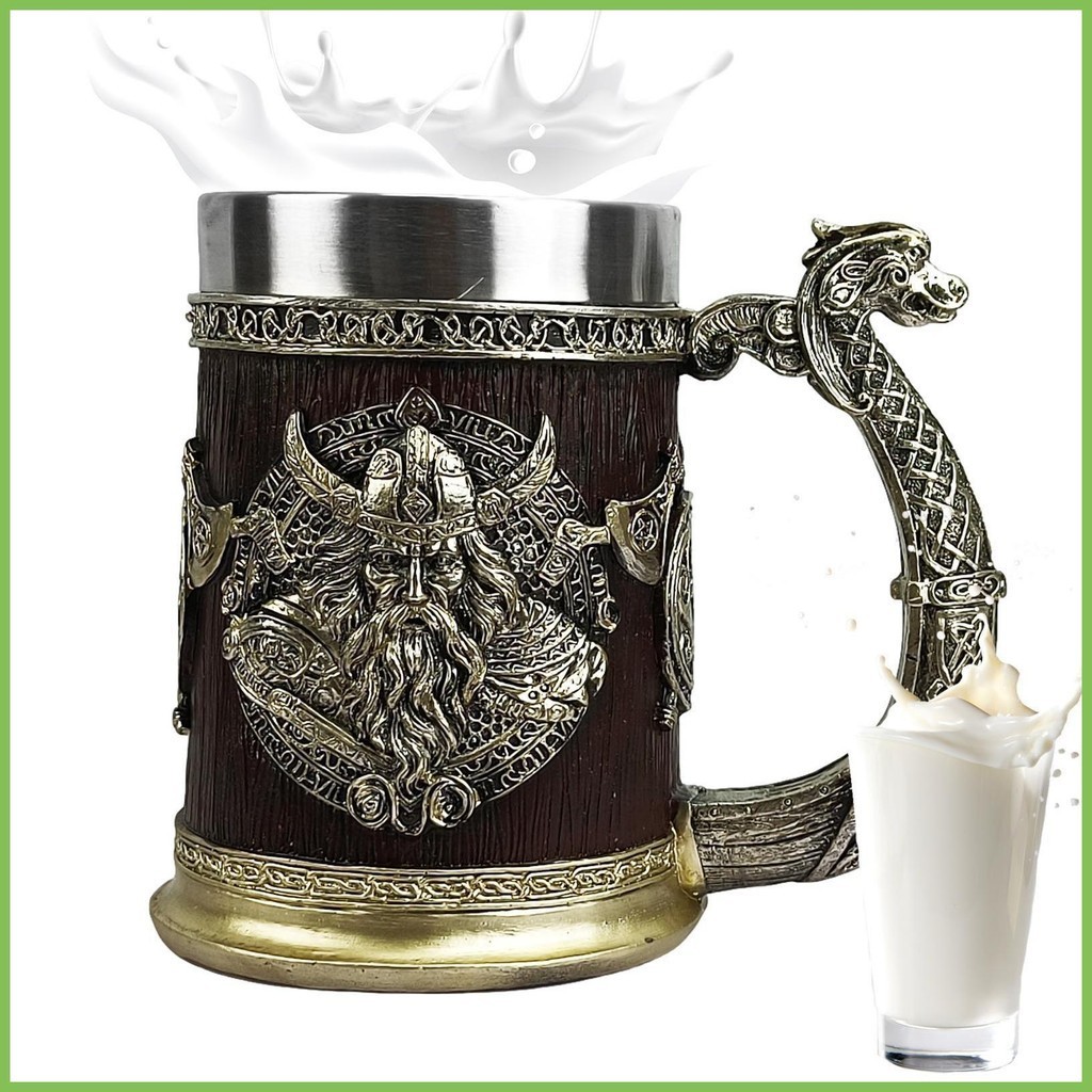 Cốc bia Viking thép không gỉ 600ml, cốc whisky/cà phê cho nam, kiểu thùng tankard