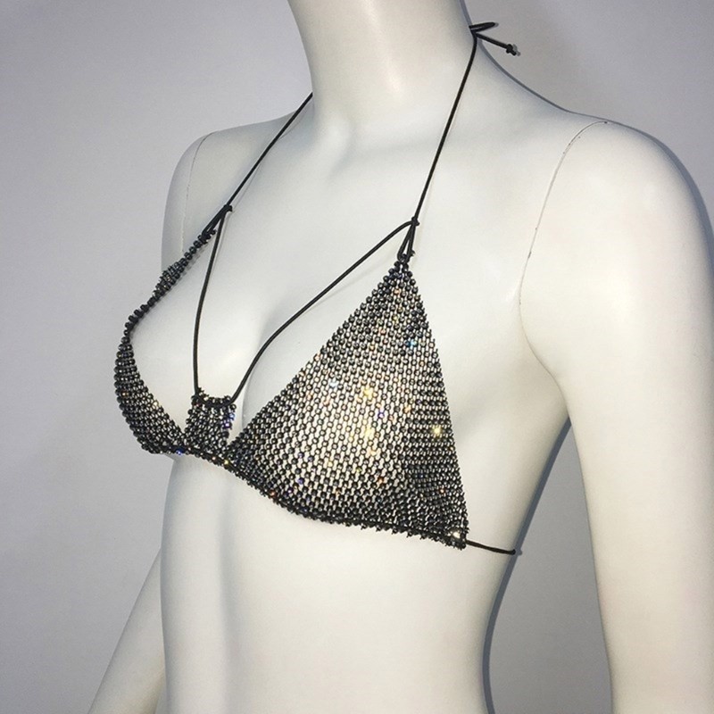 Da Rỗng Dây Cổ Chữ V Không Lưng Kim Cương Giả Lưới Áo Ngực Cơ Thể Trang Sức Crop Top