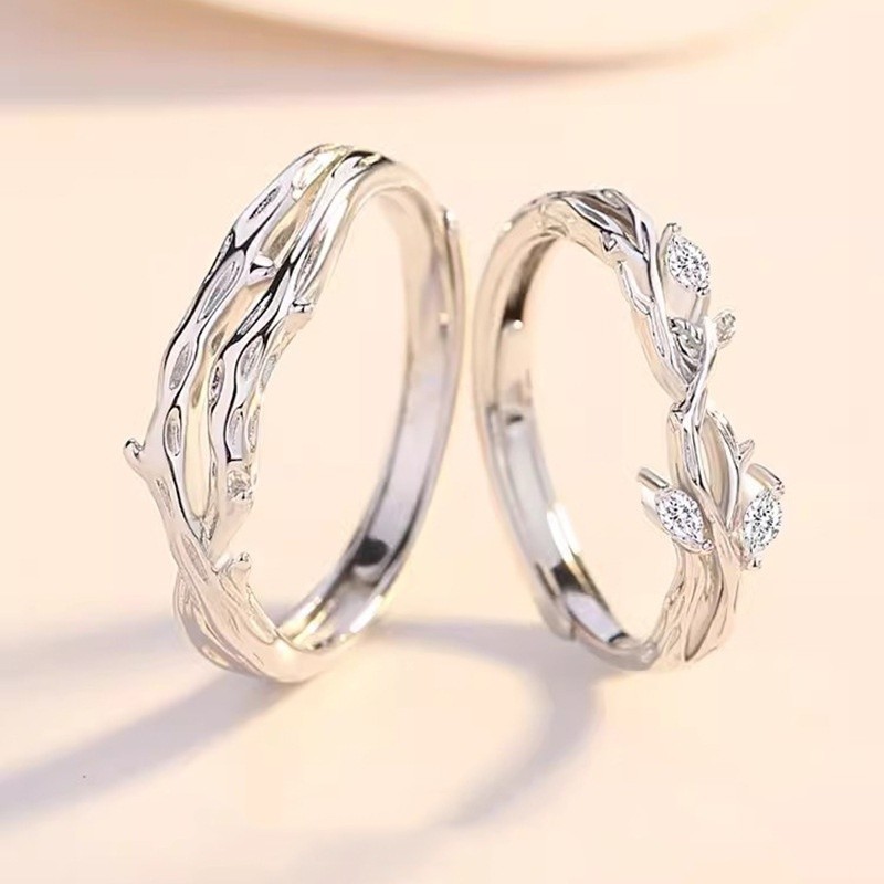 Đơn Giản S925 Bạc Gai Hoa Với Twig Cặp Đôi Nhẫn Mở Có Thể Điều Chỉnh Thời Trang Nam Nữ Nhẫn Đôi