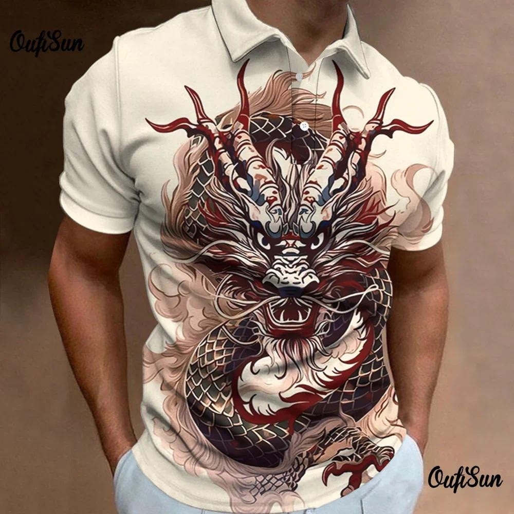 Áo polo nam có cổ họa tiết rồng 3D, tay ngắn, oversized, áo thun nam có nút, áo sweatshirt thường ngày cho nam, áo động vật