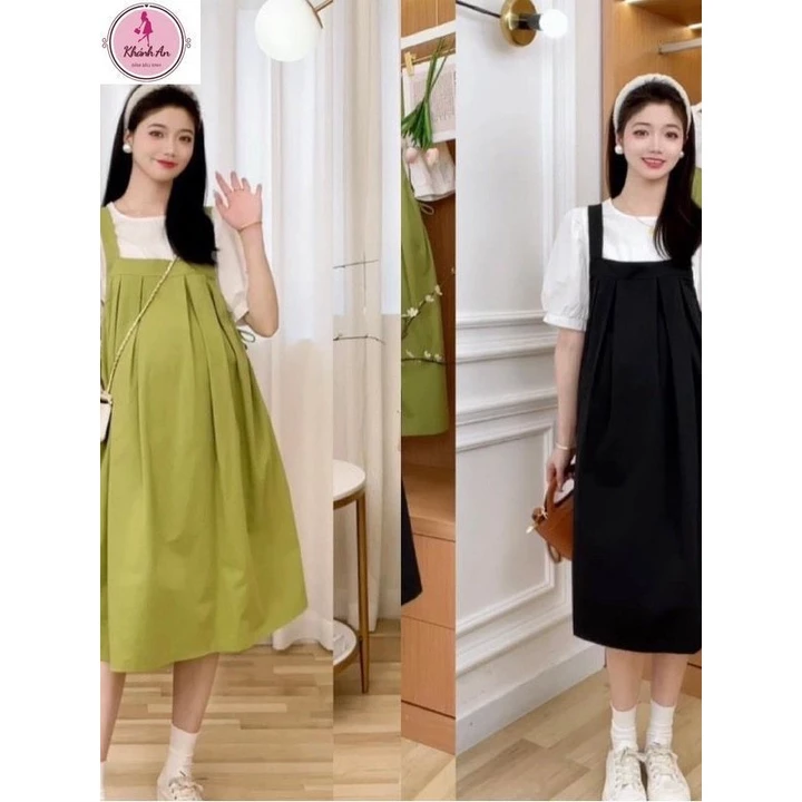 Đầm váy bầu hè-Set yếm liền phối áo cộc tay bồng trắng-Váy bầu công sở thiết kế dáng suông đi làm... ĐẦM BẦU KHÁNH AN