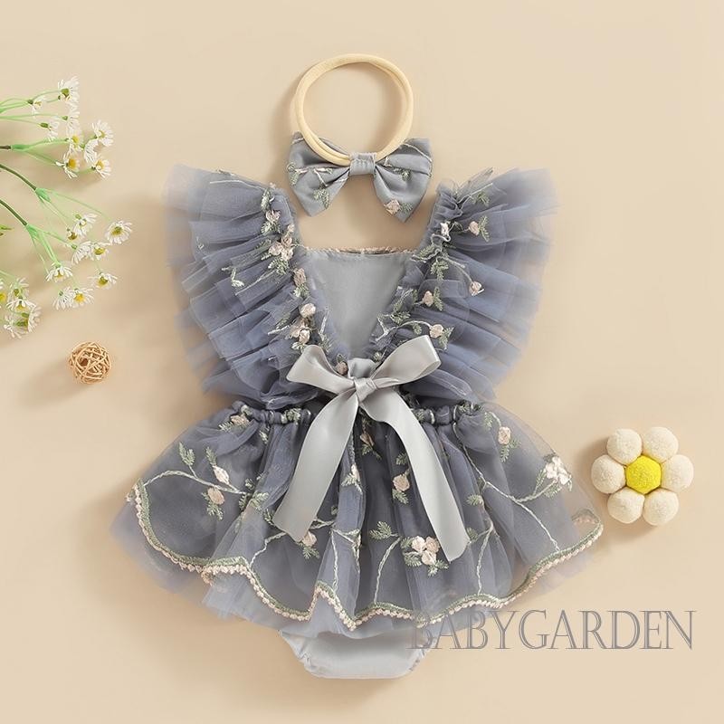 Baga-baby Bé Gái Áo Liền Quần Tay Bay Cổ Vuông Thêu Hoa Tulle Áo Liền Quần Cho Trẻ Sơ Sinh Có Nơ Băng Đô