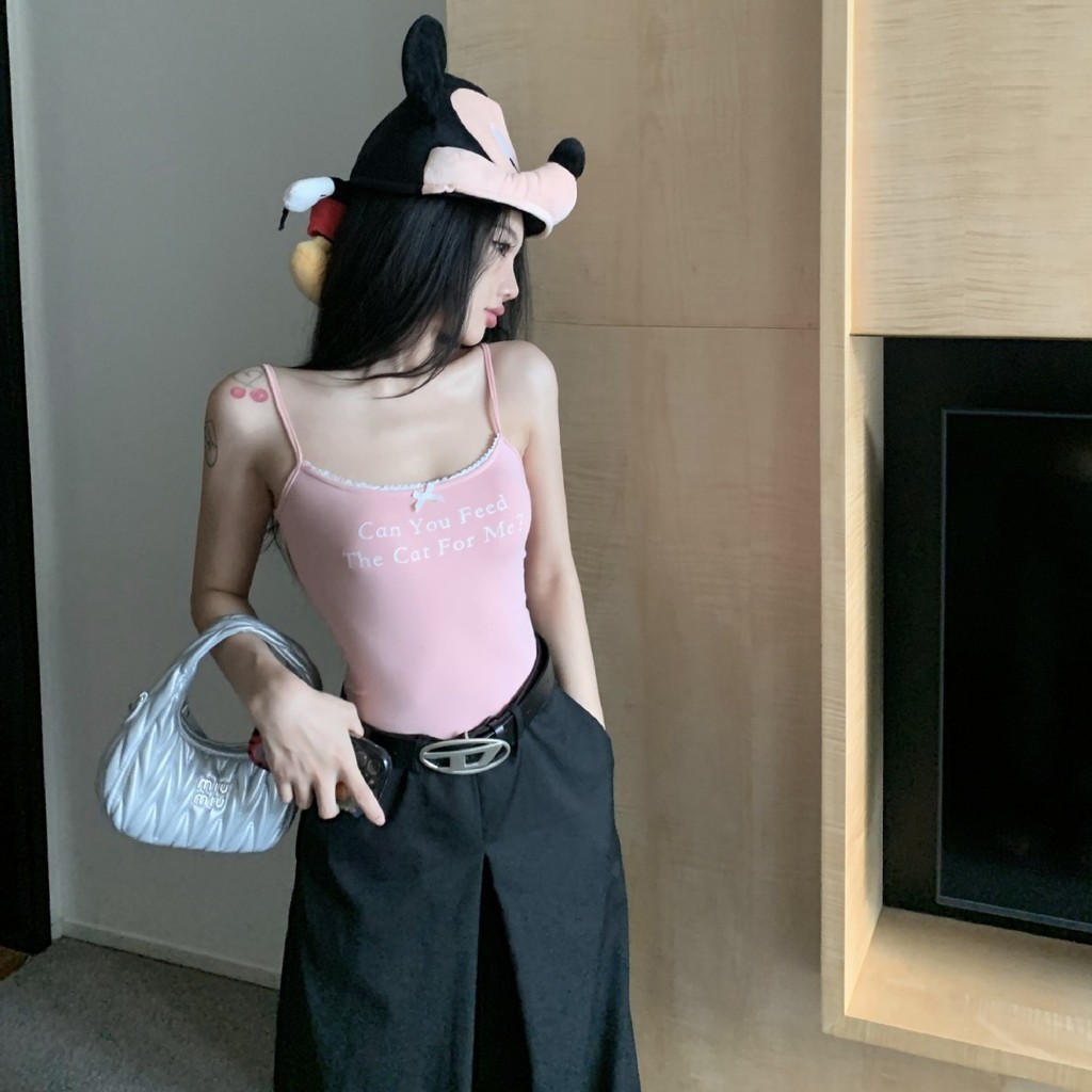 Milyfashion Pure Desire Tấm lót ngực cố định Sling Màu đen In chữ mặc ngoài mùa hè Slim-fit eo hẹp phù hợp với hàng đầu