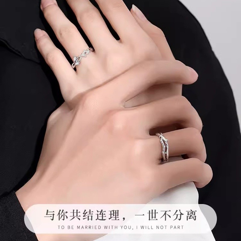 Đơn Giản S925 Bạc Gai Hoa Với Twig Cặp Đôi Nhẫn Mở Có Thể Điều Chỉnh Thời Trang Nam Nữ Nhẫn Đôi
