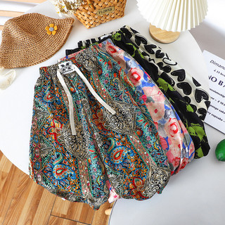 (6m-12Y) Mùa Hè Bé Gái Băng Lụa Quần Muỗi Trẻ Em Bé Gái Phong Cách Mỏng In Retro Quần Trẻ Em Ống Rộng Quần Thường Ngày