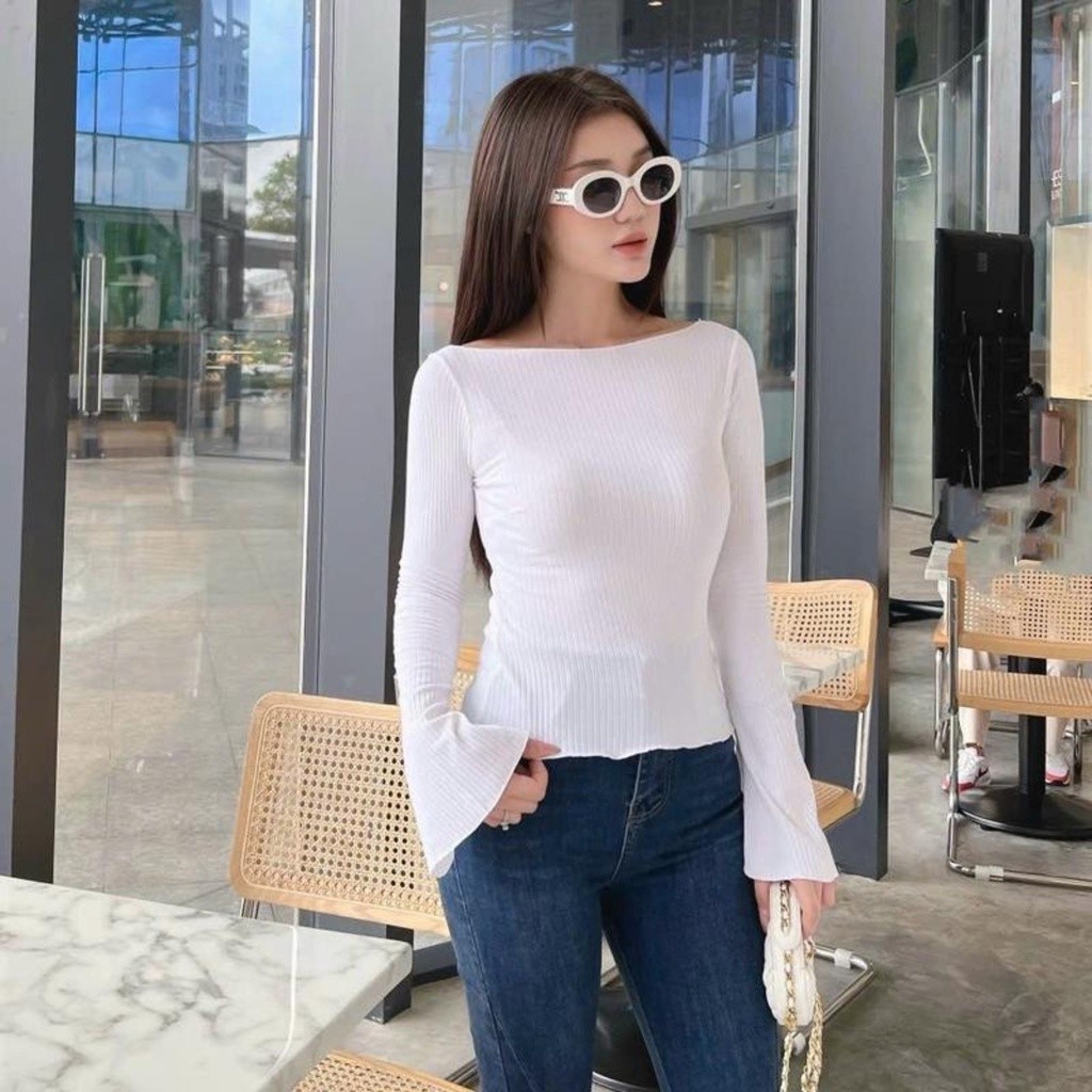 Áo Len Trễ Vai Tay Dài Ống Loe 29 Viền Cuốn Biên Đơn Giản A5948