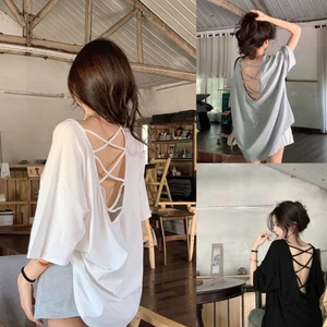 Áo thun nữ mùa hè dáng rộng thiết kế dây đan hở lưng quyến rũ hottrend XIMIMI SP274