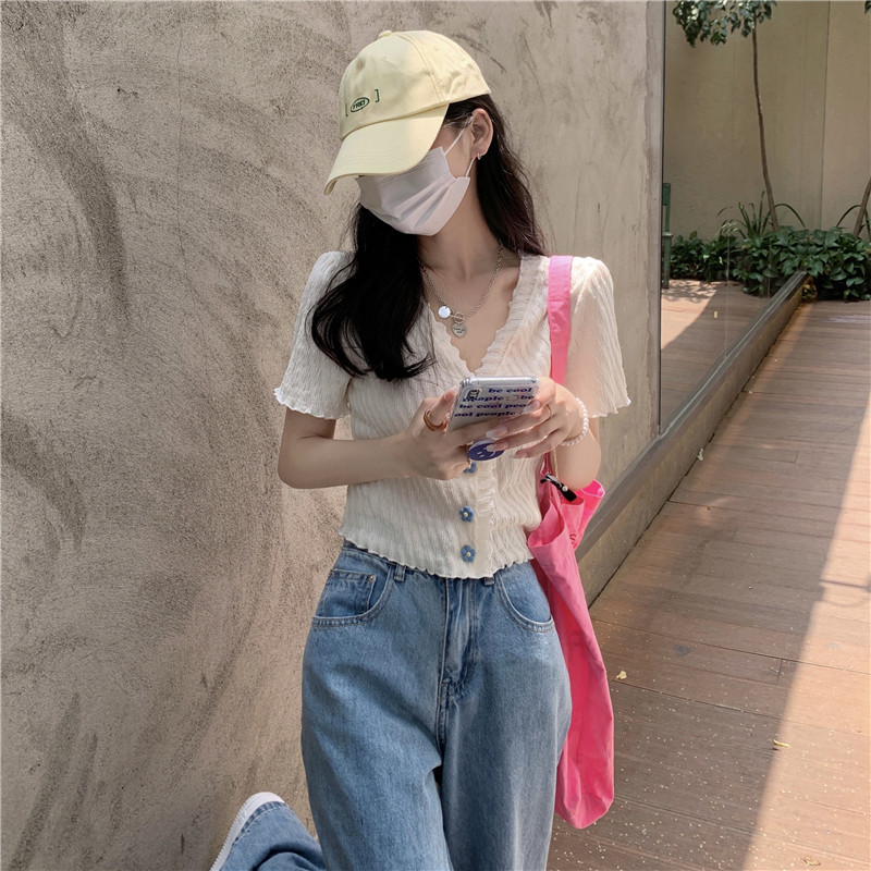 Áo thun xếp nếp cho phụ nữ, tay ngắn đan mỏng, phong cách cô gái cay, áo crop top với quần cạp cao, áo thun