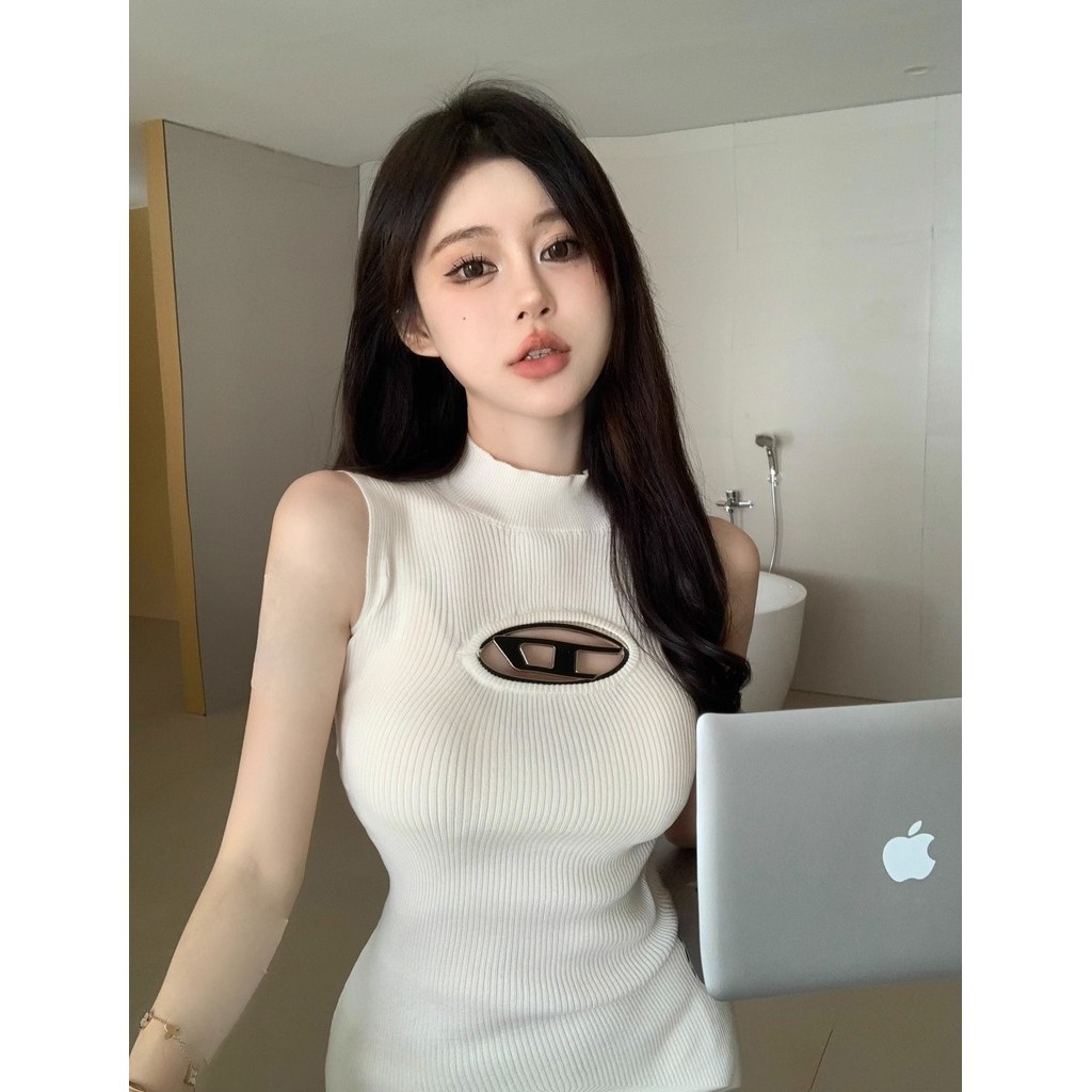 Suxi Phong Cách Hàn Quốc Thường Ngày Slim Fit Gợi Cảm Tối Giản Thời Trang Nửa Cổ Cao Không Tay Đầm Dệt Kim Nữ 240303