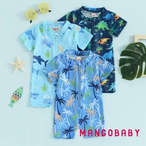 Mg-baby Boy Rash Guard Đồ bơi in hình dễ thương Tay ngắn có khóa kéo Bộ đồ tắm phía trước Đồ bơi